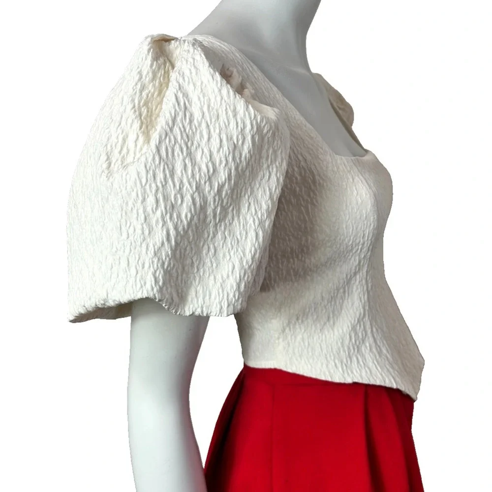 Zara Textured Puff Sleeve Crop Top NWT M Cream Square Neck Corset Blouse Barmaid